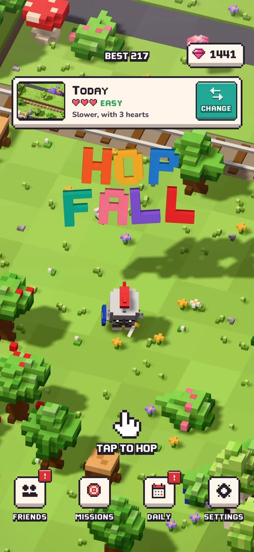 Hopfall on an iPhone: the title screen, then a run through roads, rails and a river in Today, then the Jurassic
