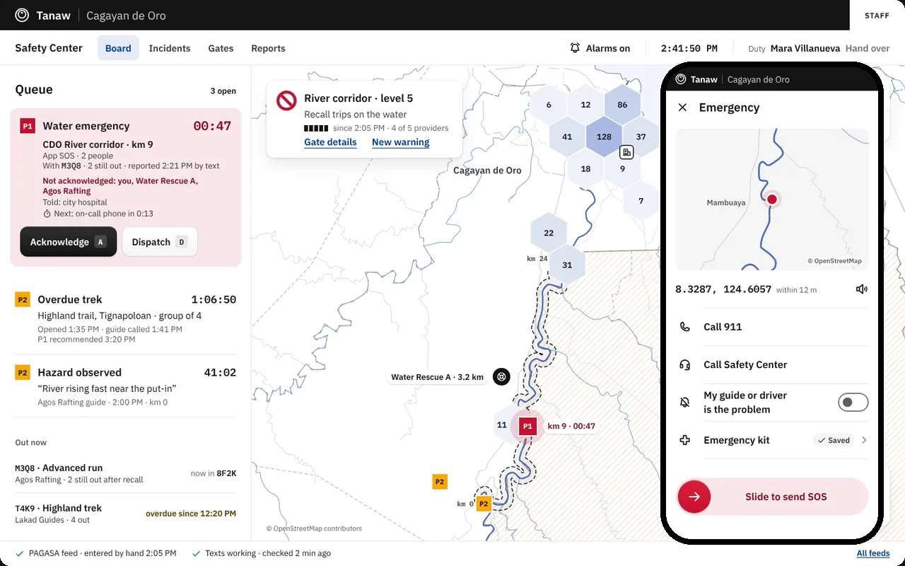 Tanaw’s Safety Center board with a water emergency in its queue, and the visitor app sending an SOS from the river