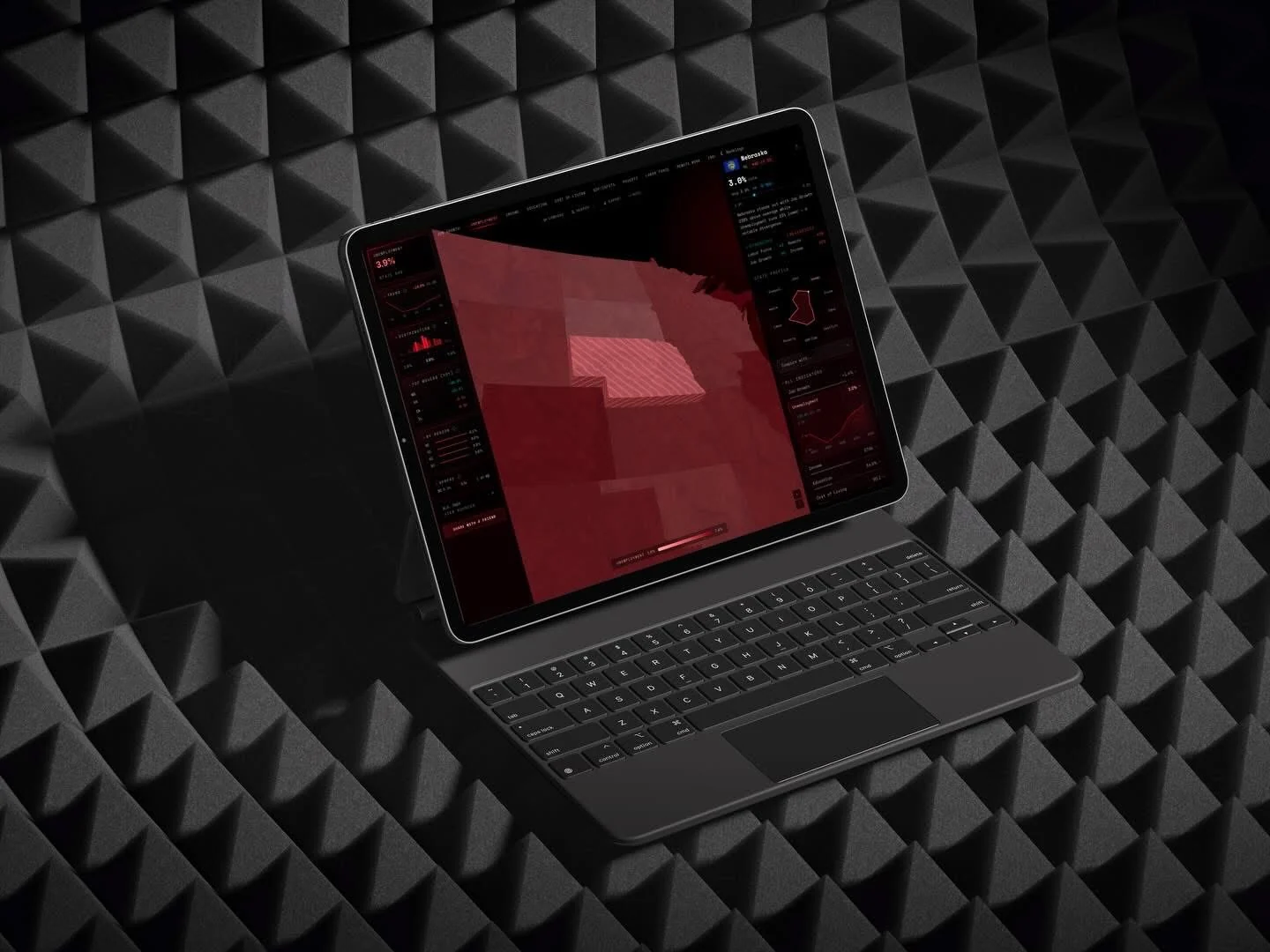 Bureau6 on a tablet: Nebraska raised on the 3D map, with its numbers beside it