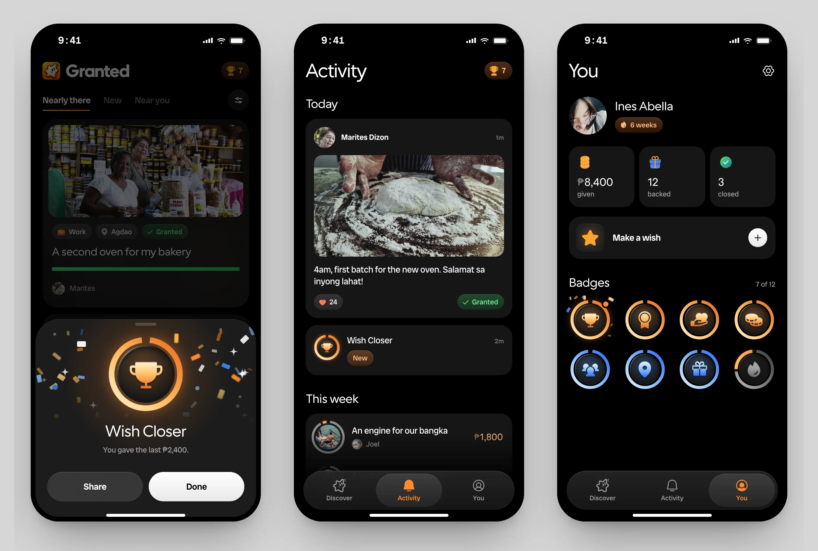 The feed with the bakery’s wish granted and the Wish Closer badge, the activity feed with Marites’ photo of the first batch from the new oven, and a profile with ₱8,400 given and 7 of 12 badges