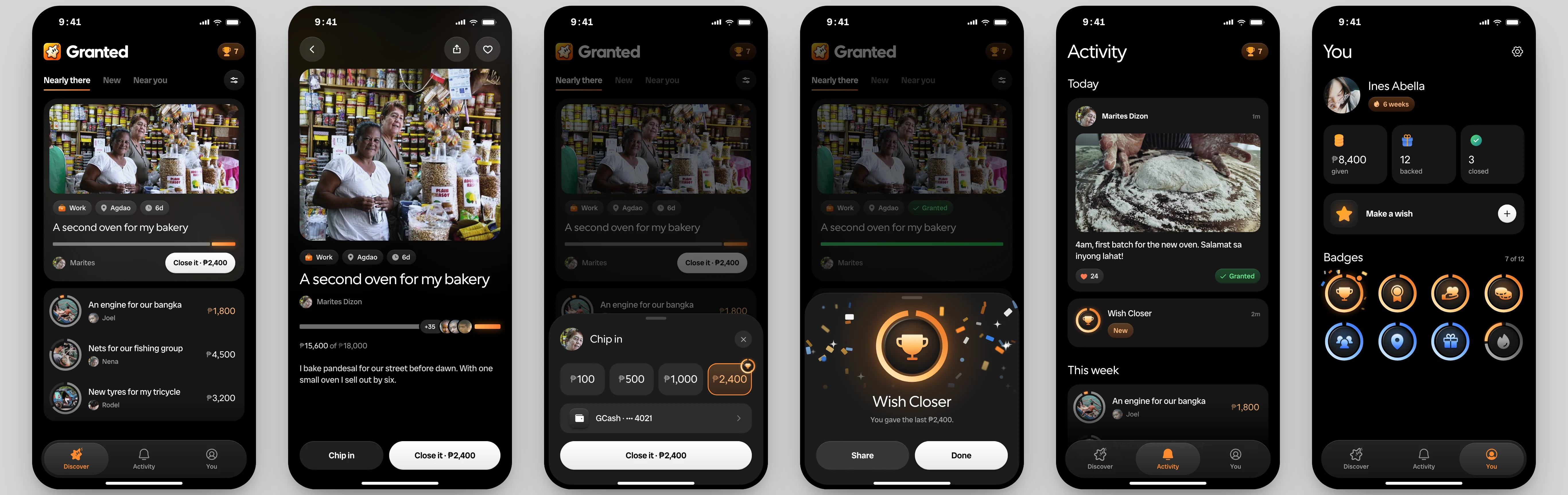 Six screens of Granted: the feed of wishes, a bakery’s wish for a second oven, chipping in, the Wish Closer badge, the activity feed and your profile