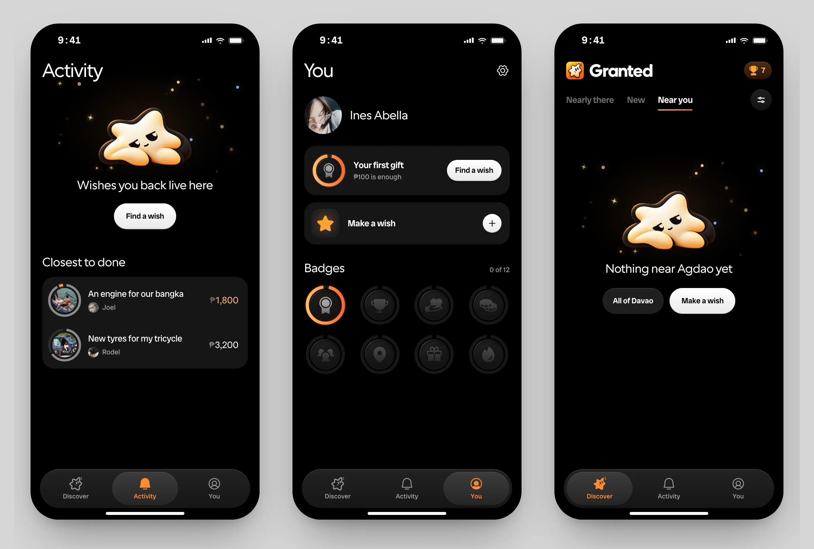 Three empty screens: Activity before any gift with a smiling star, a profile with Your first gift, ₱100 is enough, and Nothing near Agdao yet with All of Davao and Make a wish