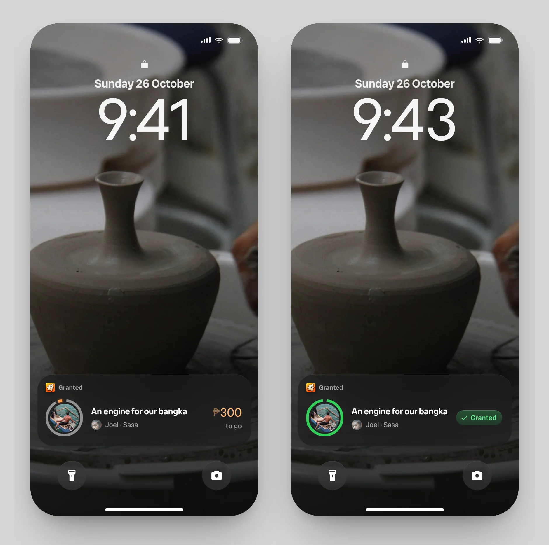 Two lock screens: a Live Activity for an engine for a bangka with ₱300 to go, then the same wish granted, its ring green