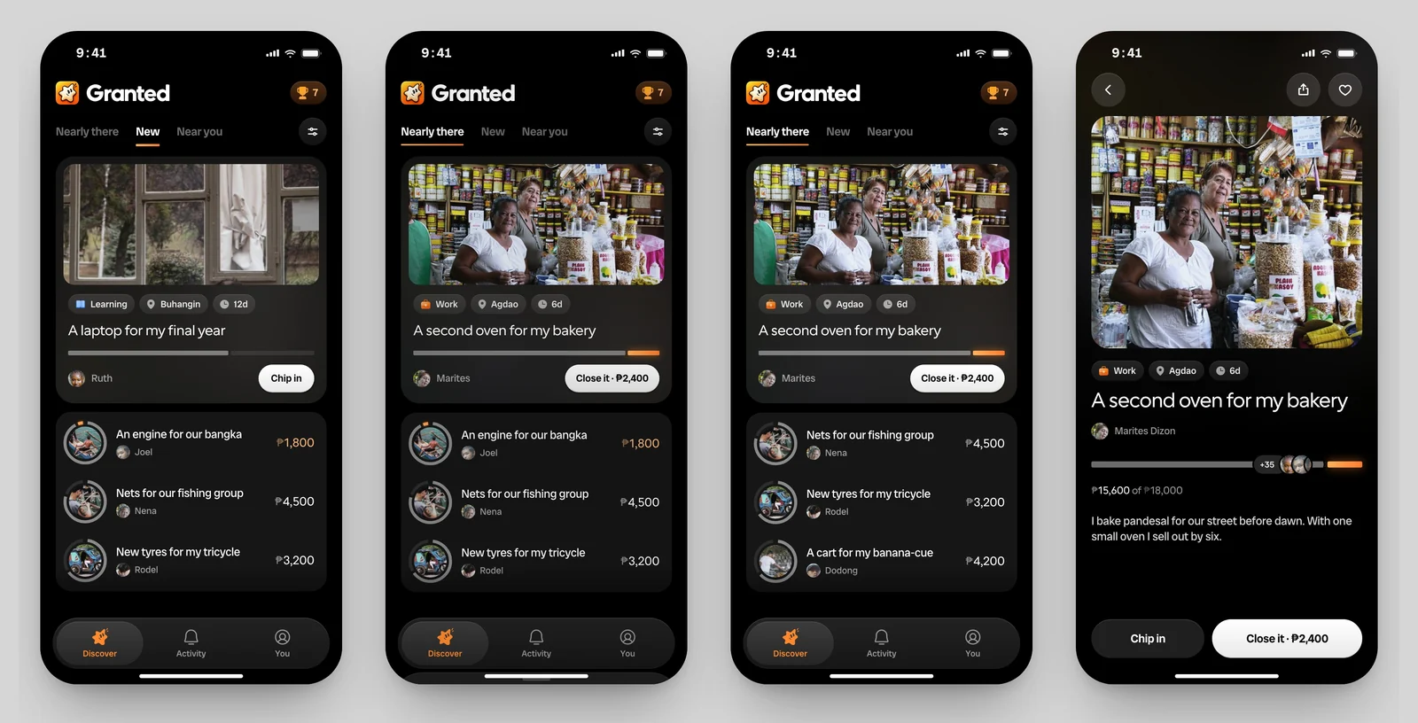 Four screens of Granted moving: the feed switching tabs, ₱1,000 chipped in with an undo toast, the bakery’s wish closed with ₱1,400, and a wish opening from its card