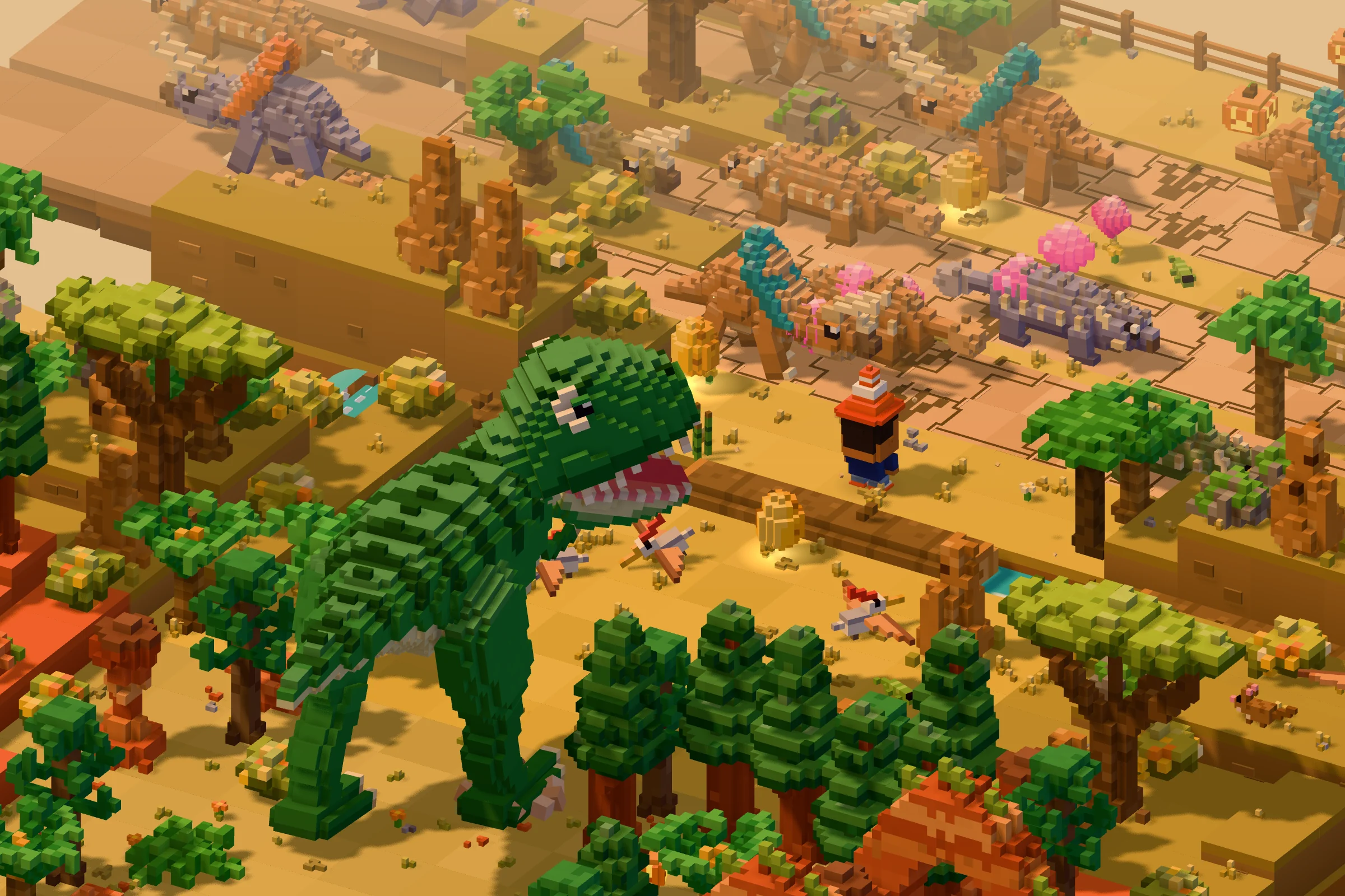 The Cretaceous’s voxel T. rex stomping after a small friend in an orange cone hat, past ankylosaurs and palm trees