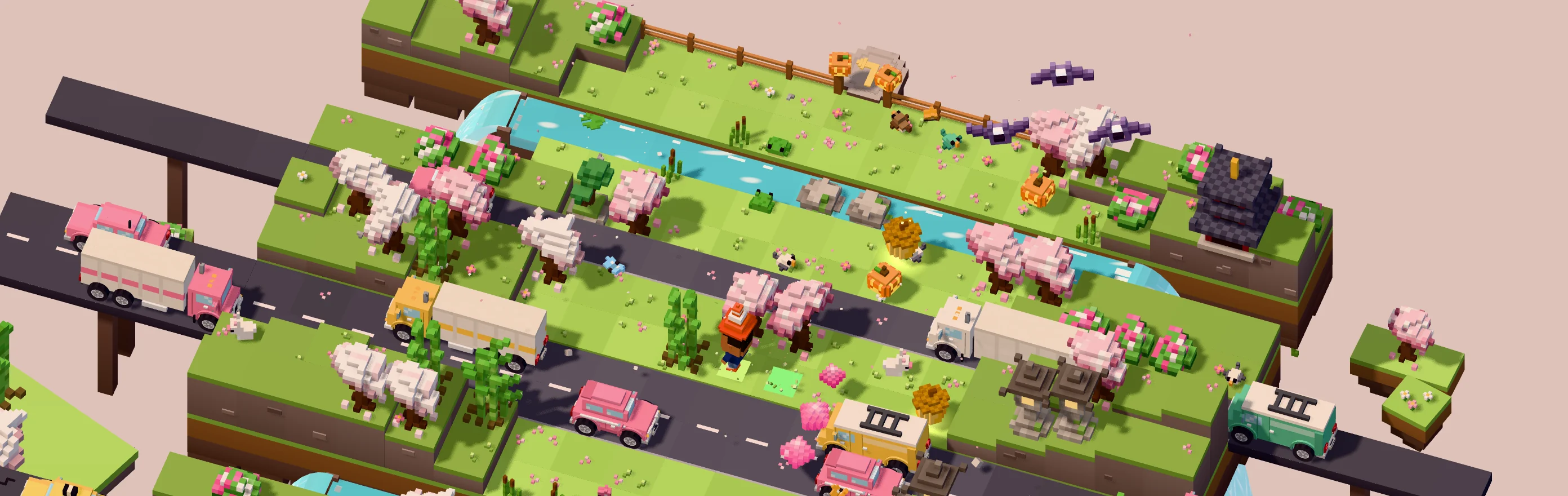 Hopfall’s floating island from above: roads with trucks and cars, a river and cherry trees, and a small voxel friend crossing