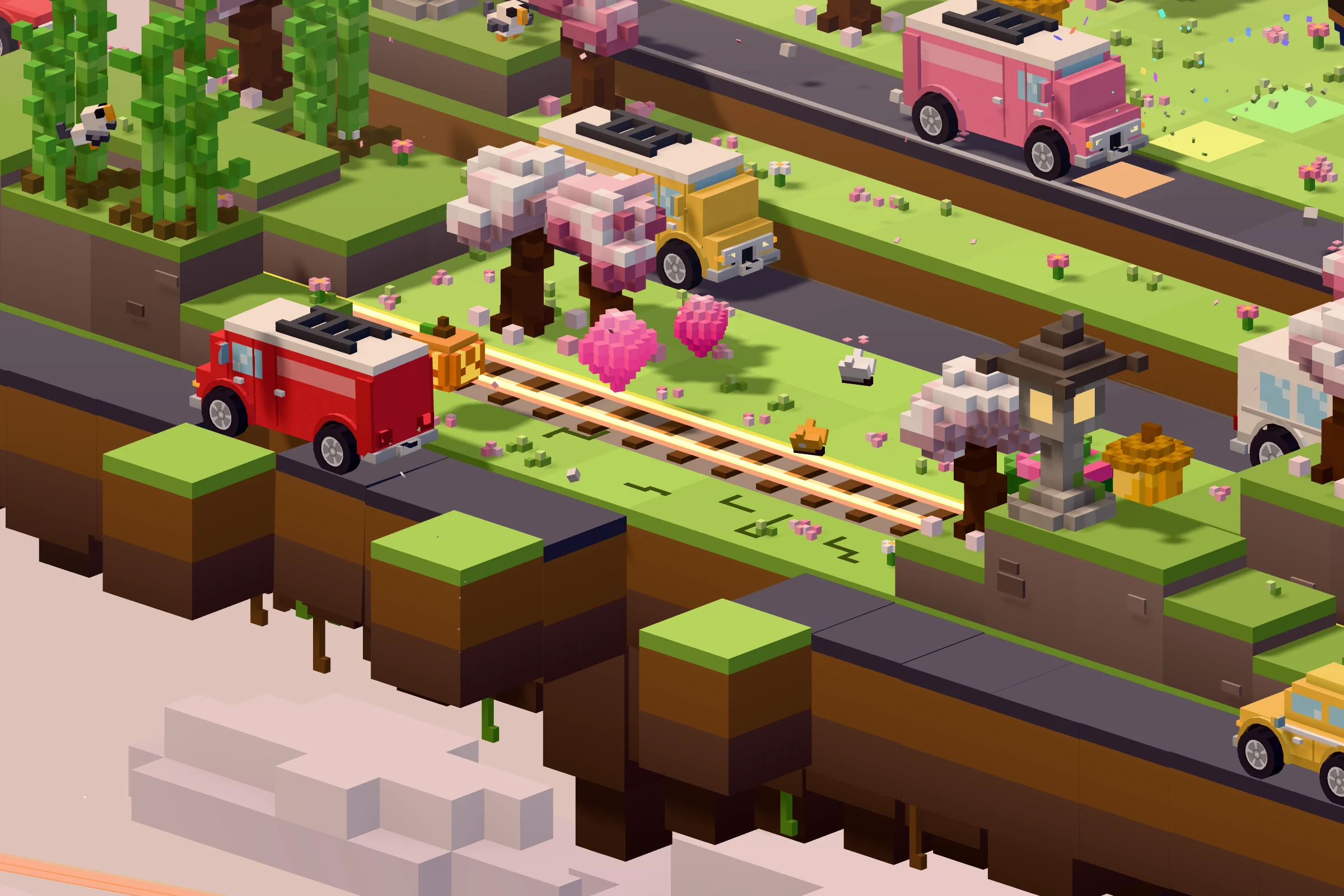Hopfall’s island crumbling: a row of grass, road and river cracks, and its blocks, trees and a car fall away into the sky