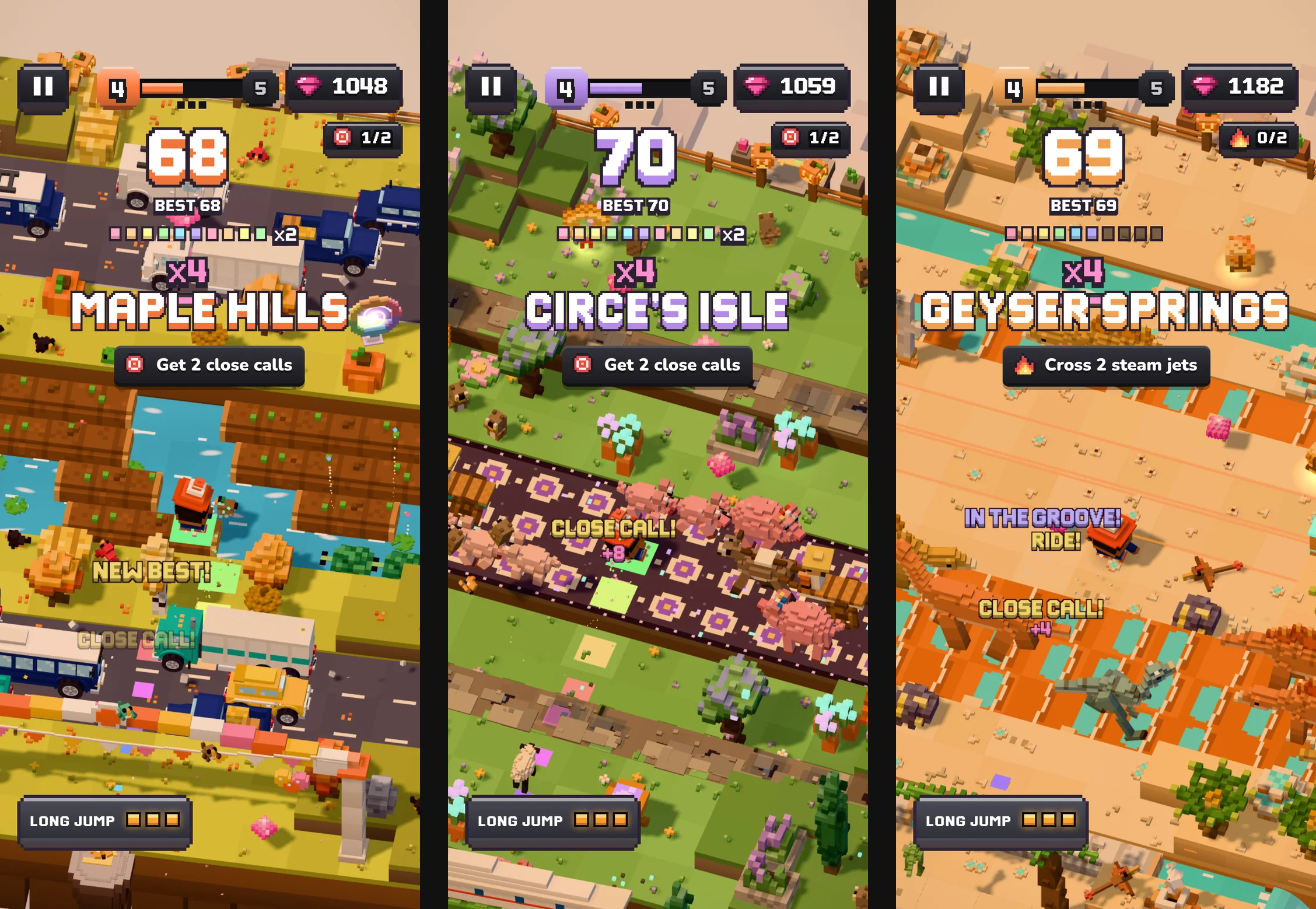 Three runs on a phone: Maple Hills in Today, Circe’s Isle in the Odyssey and Geyser Springs in the Jurassic, each with its score and the world’s name