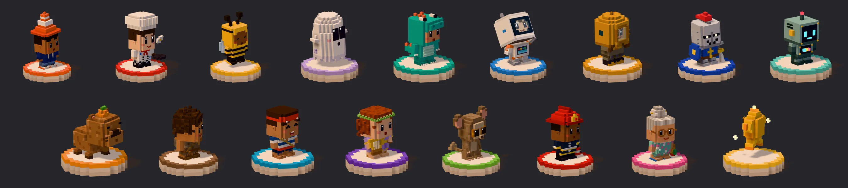 The 17 voxel friends on their coloured stands: Pip in a cone hat, a chef, a bee, a ghost, a dinosaur suit, an astronaut, a robot, a capybara, a firefighter, a granny and more