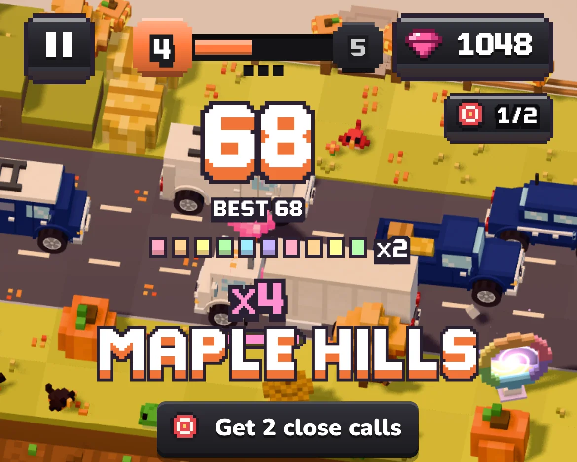 A run in Today: the pause button, the next world, 1048 gems, a score of 68 and Maple Hills coming in, all in the pixel type