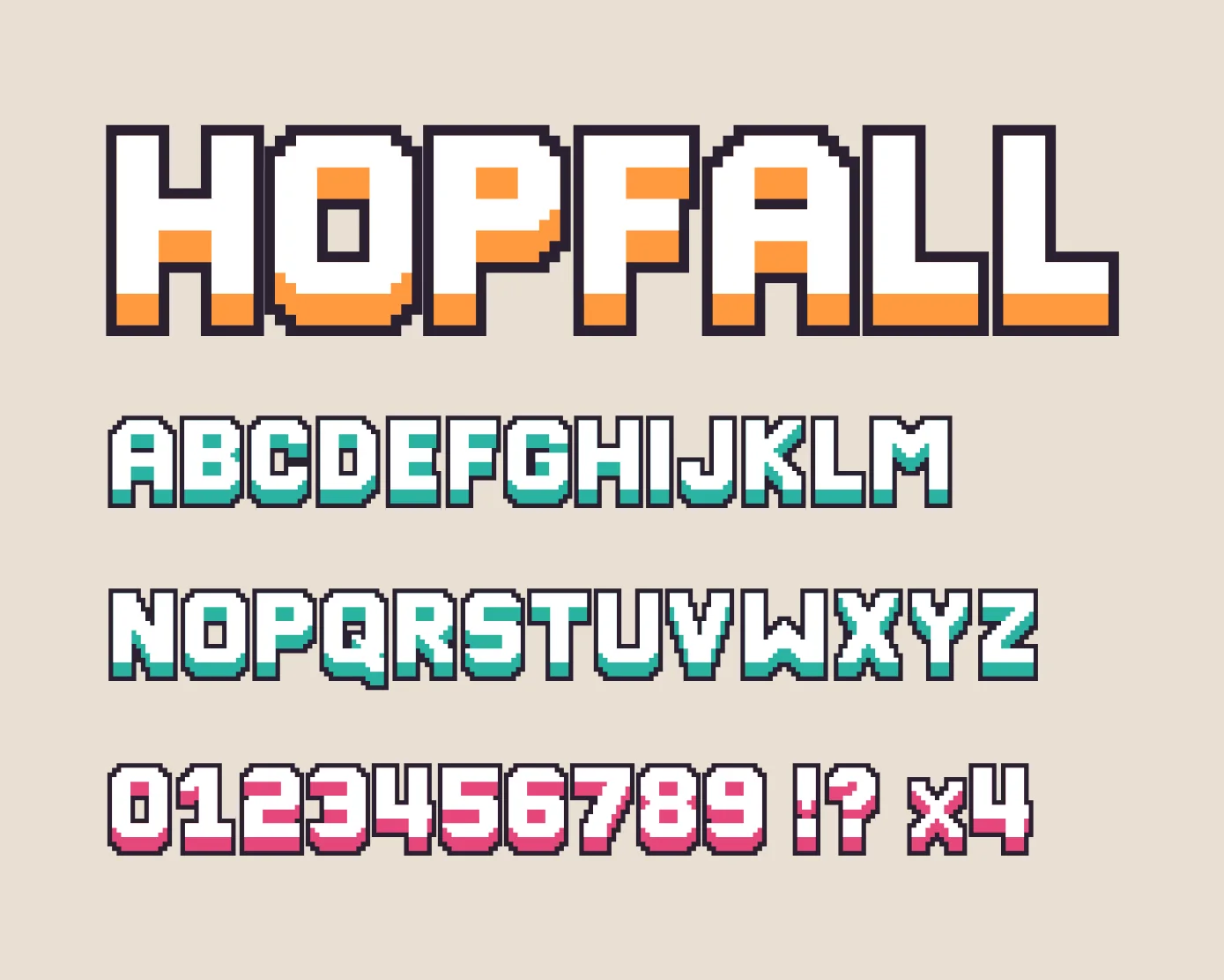 HOPFALL in big pixel letters with an orange side, then the alphabet and the numbers in teal and pink