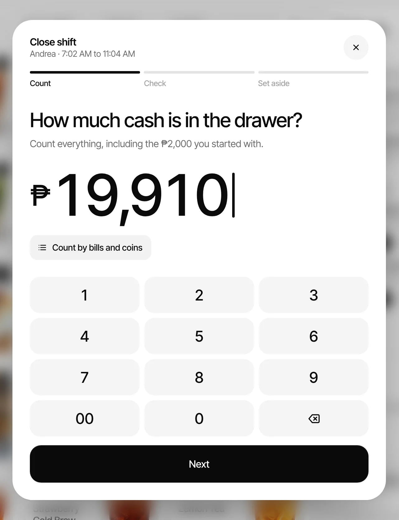 Close shift, step one: how much cash is in the drawer, with a keypad and Count by bills and coins