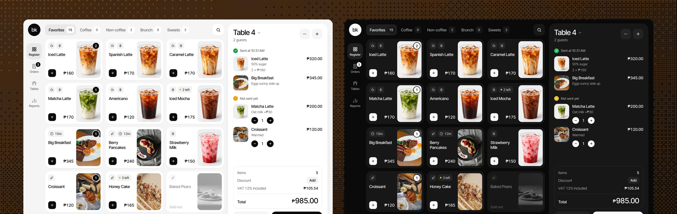 Kaha’s register in light and dark: a café menu with photos on the left and the order for Table 4 on the right