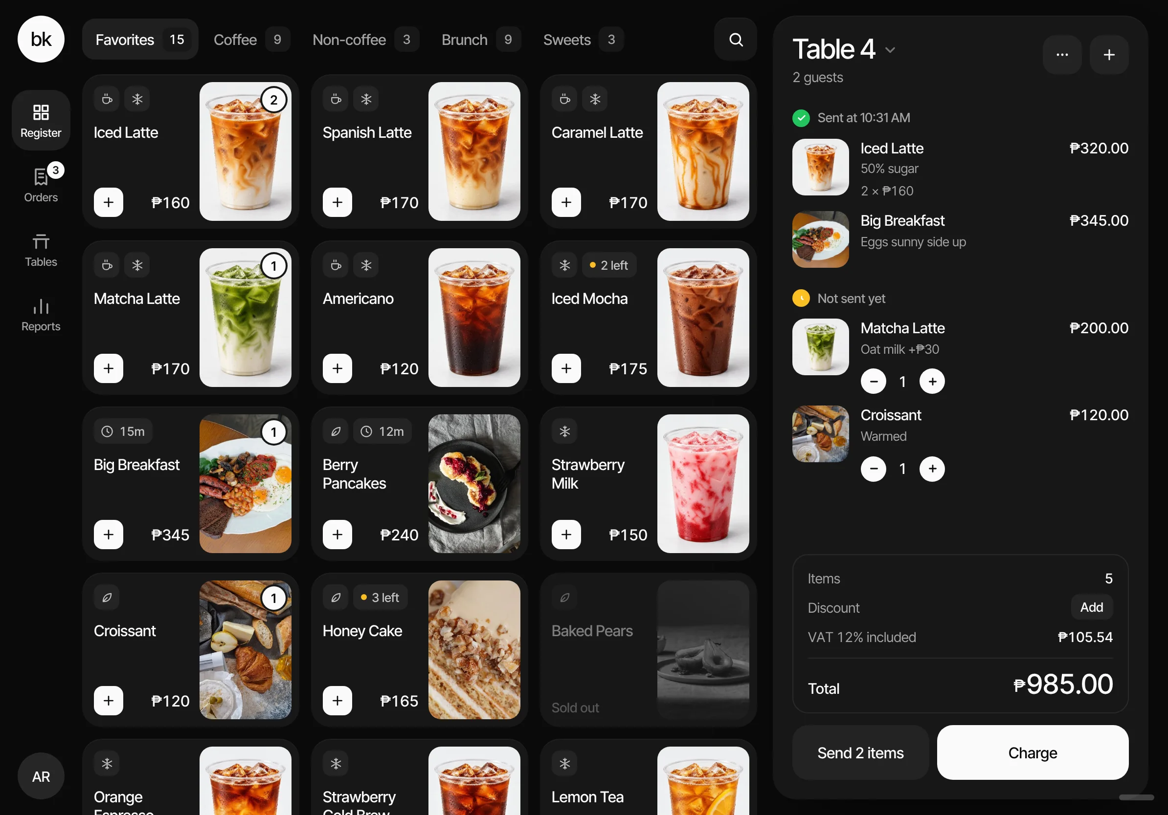 The same register in dark: the café menu with photos and Table 4’s order on near-black panels