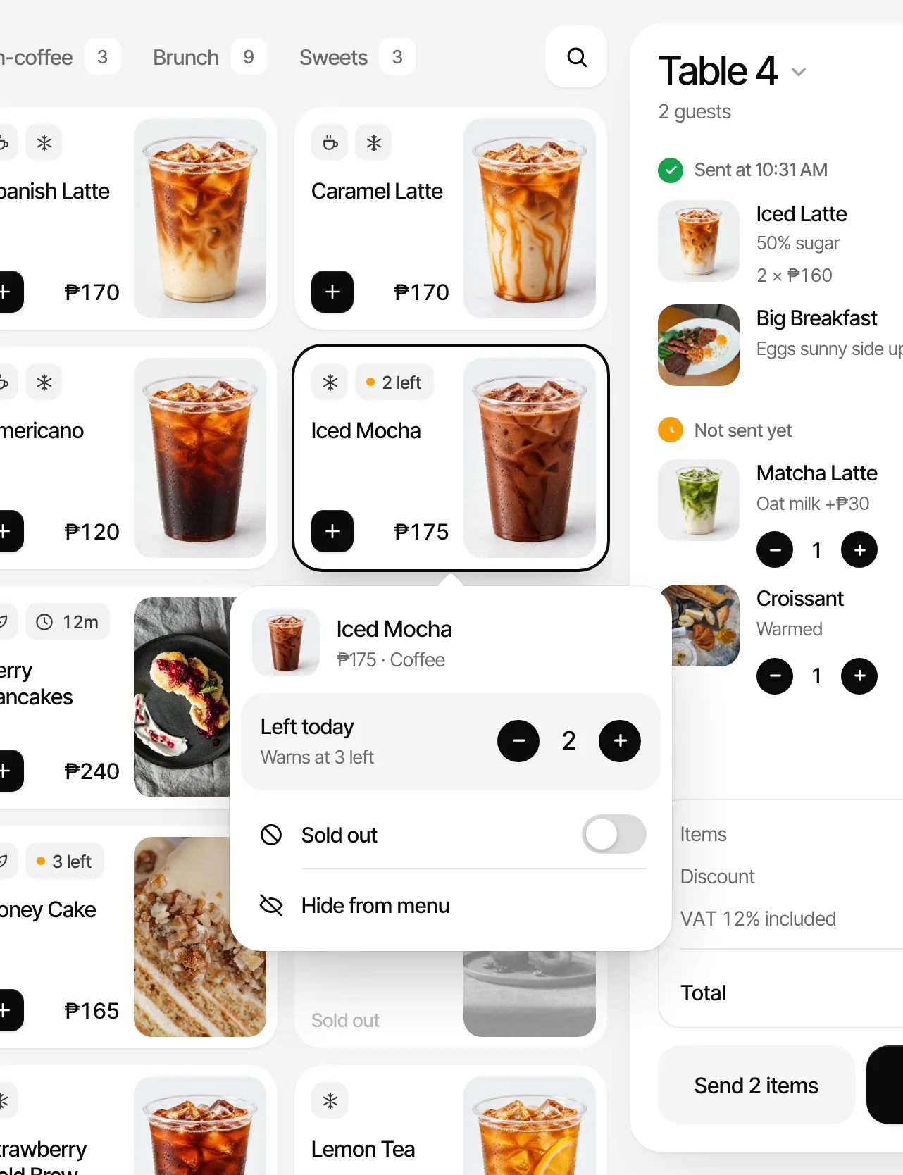 Holding Iced Mocha opens its stock: 2 left today, a warning at 3, Sold out and Hide from menu