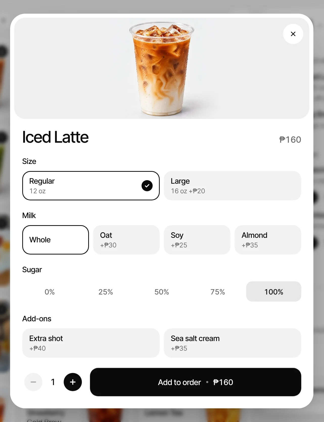Iced Latte’s options: size, milk, sugar and add-ons, with Add to order for ₱160