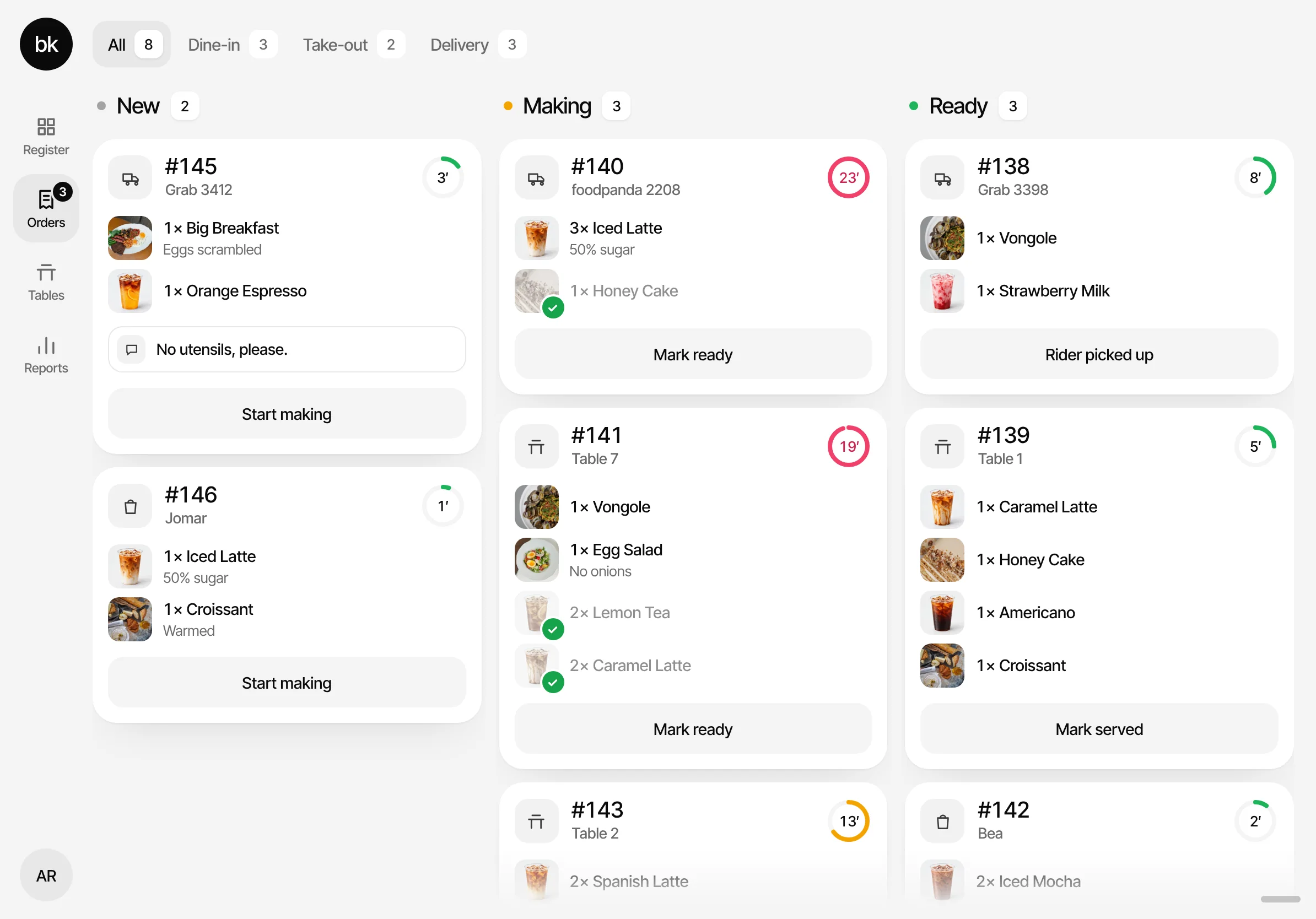 The orders board: Grab, foodpanda, table and take-out orders in New, Making and Ready columns
