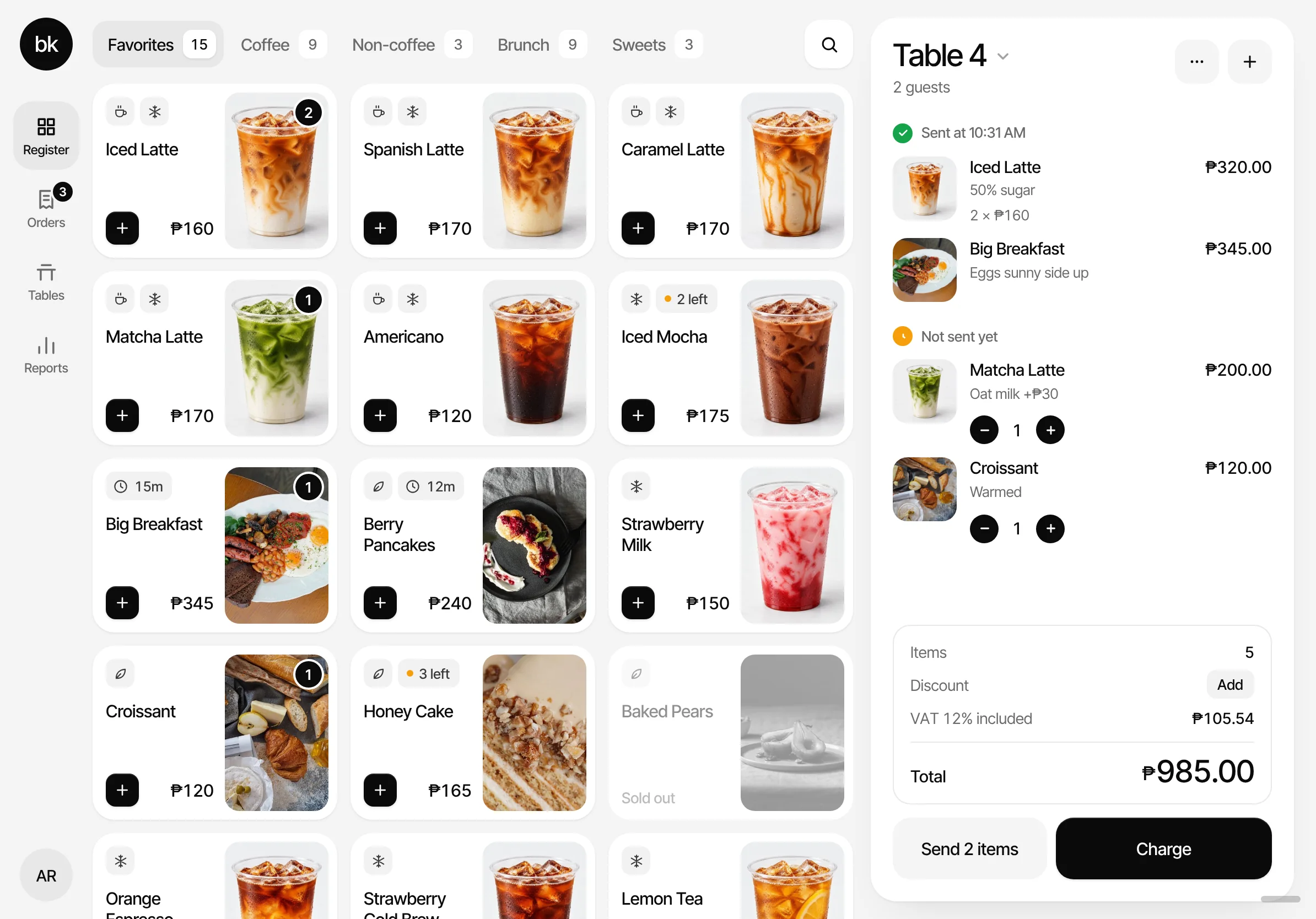 Recorded from the prototype: in Kaha’s register a Spanish Latte, Berry Pancakes and a second Spanish Latte are tapped into Table 4’s order, the total goes from ₱985 to ₱1,565, then the five new items are sent to the kitchen and bar