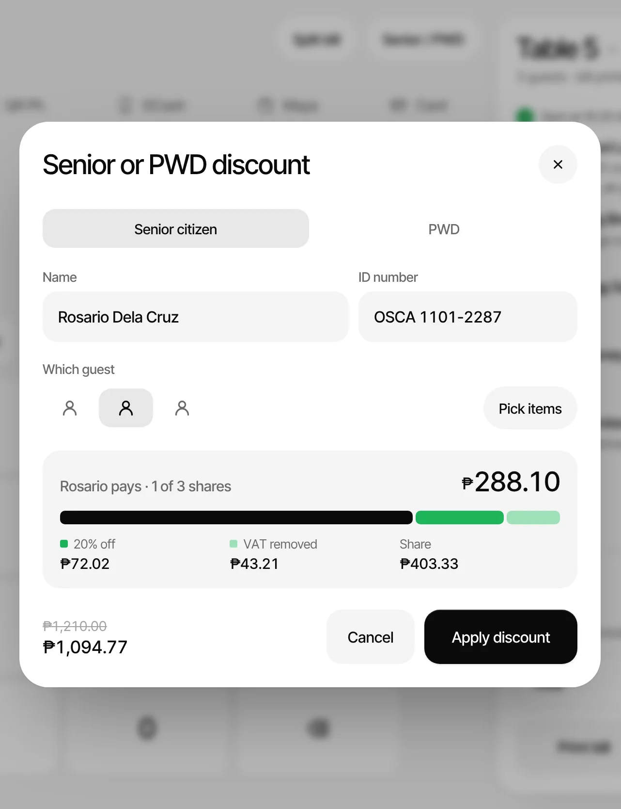The senior discount for one guest of three: 20% off, VAT removed, and what she pays for her share