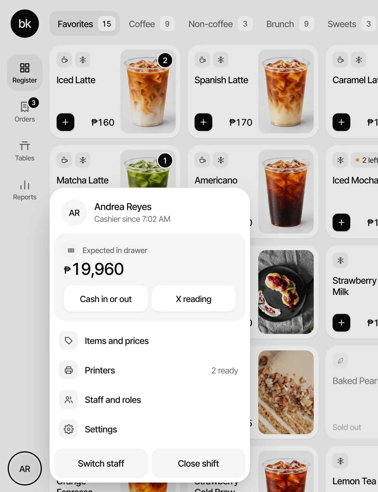 The cashier’s menu: Andrea Reyes, cashier since 7:02 AM, with ₱19,960 expected in the drawer, Close shift and Switch staff