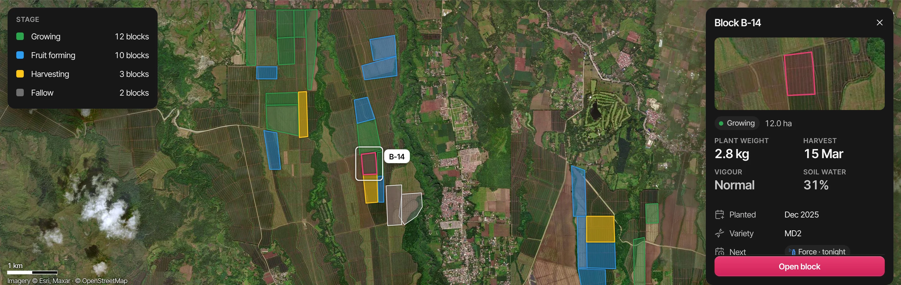 The estate’s blocks on a satellite map, coloured by stage, with block B-14 open: 2.8 kg plant weight, harvest on 15 March