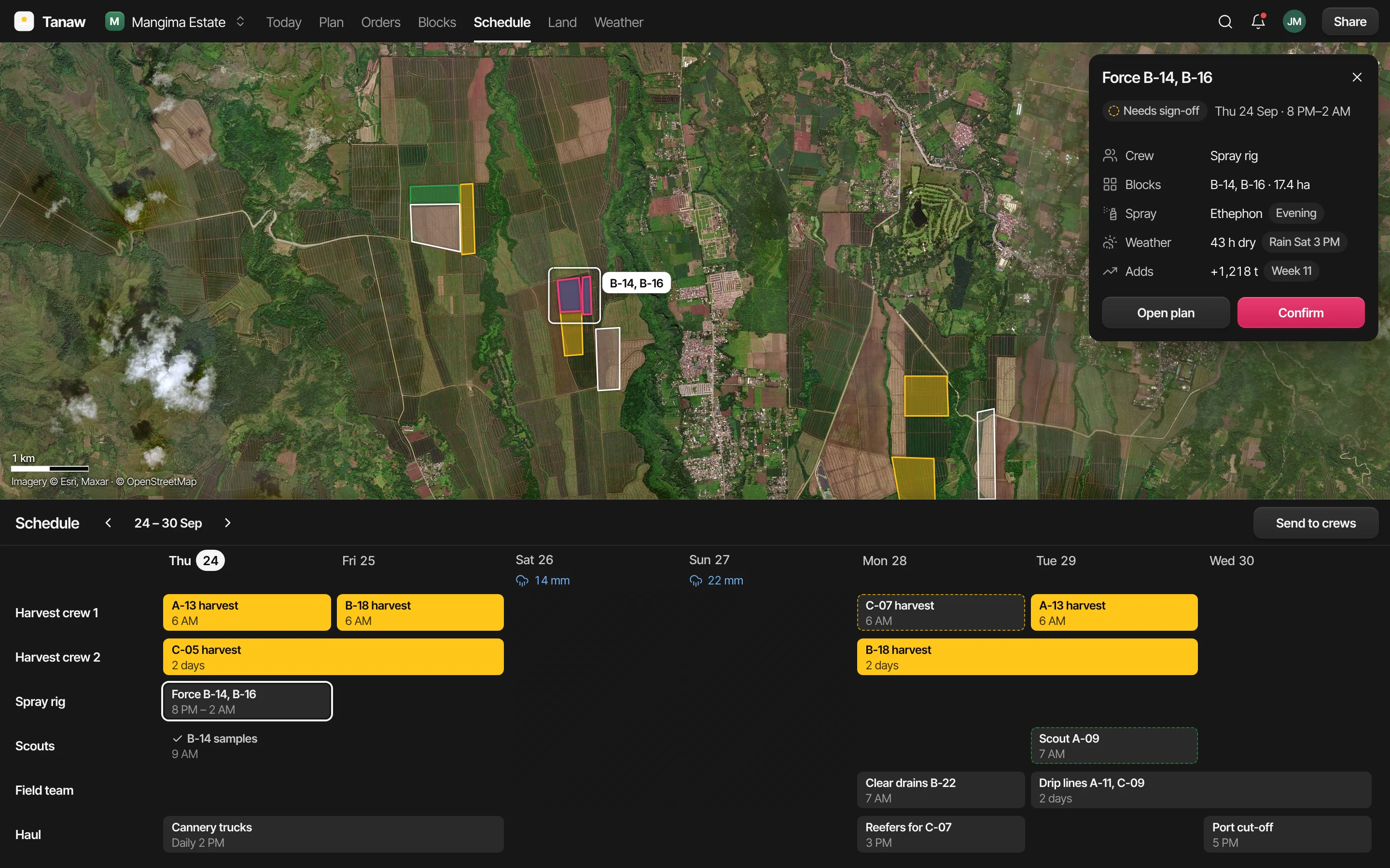 The schedule for 24 to 30 September: harvest crews, the spray rig, scouts, the field team and haul by day, with forcing B-14 and B-16 on Thursday night