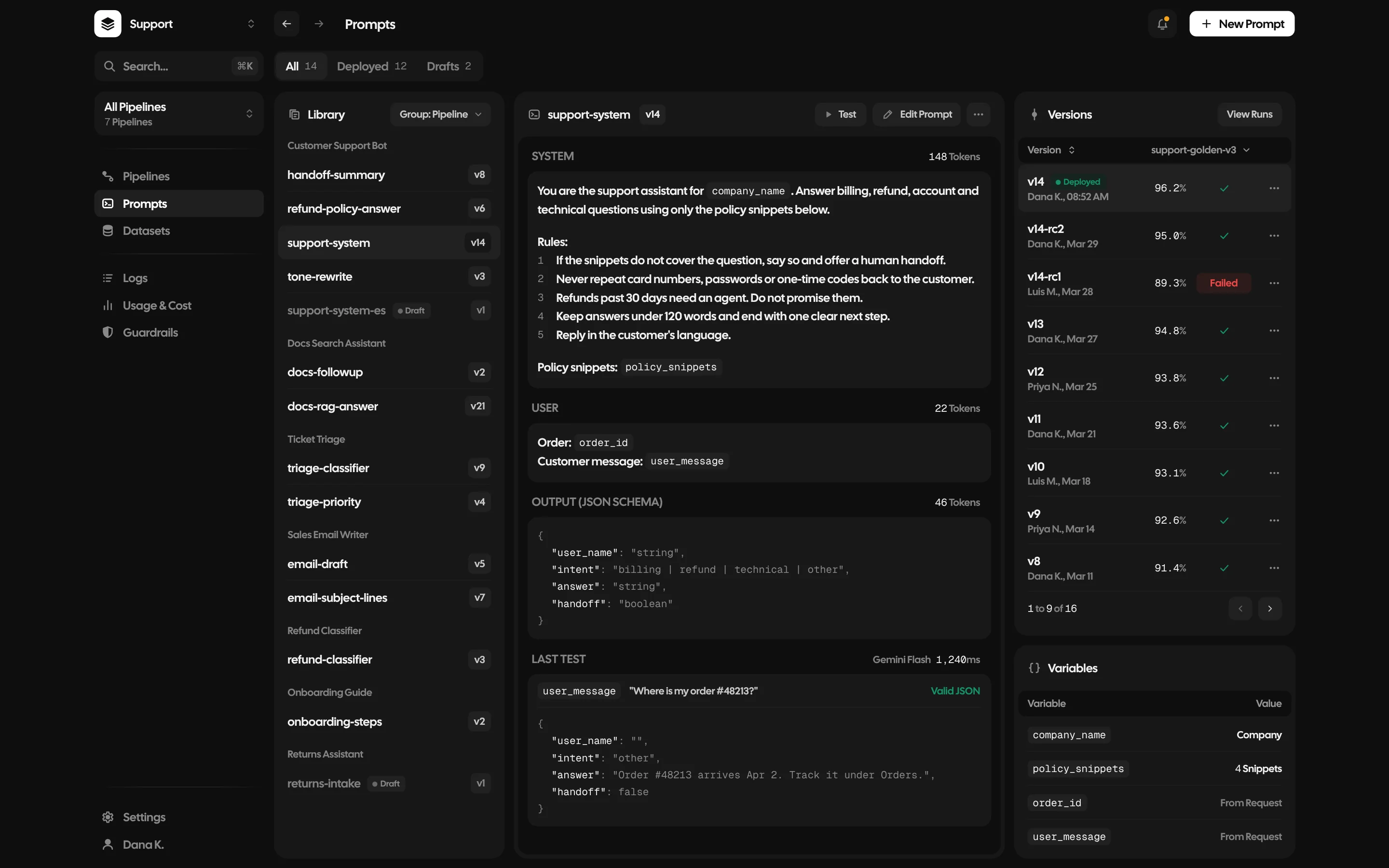 The prompts library: the support-system prompt at version 14 with its rules, the user message and the JSON output, its versions with scores, and its variables