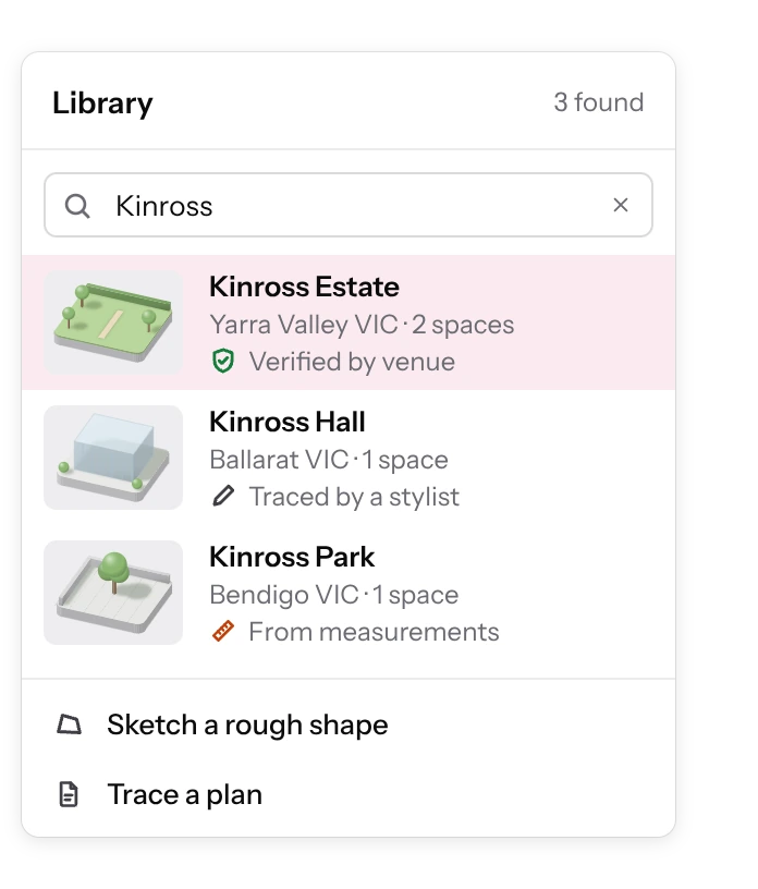 The venue library: three venues, marked verified by venue, traced by a stylist and from measurements