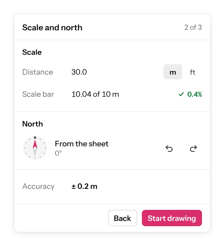 Scale and north: a 30 m distance, the scale bar at 10.04 of 10 m, north from the sheet and an accuracy of plus or minus 0.2 m