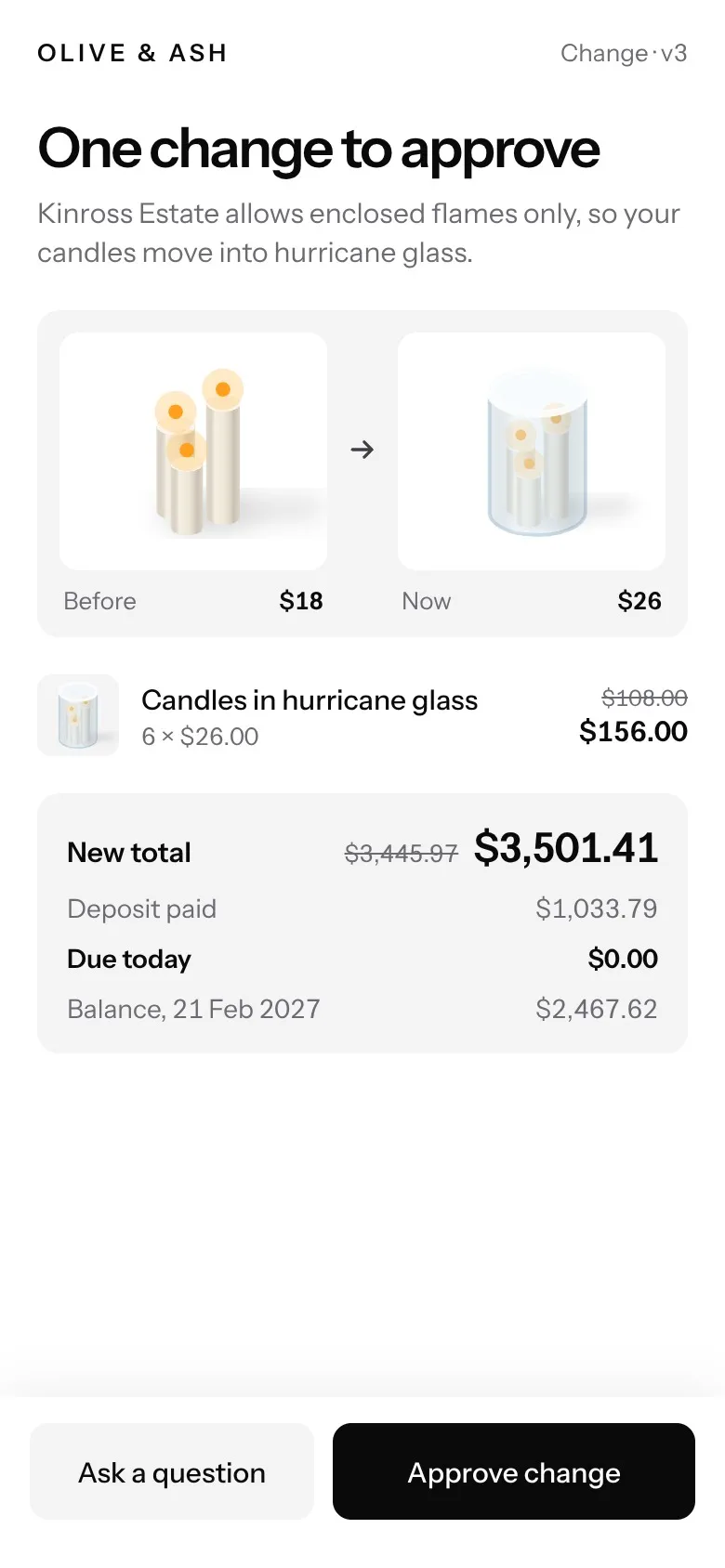 Recorded from the prototype: the couple sees one change to approve, candles moved into hurricane glass with the new total, and approves it