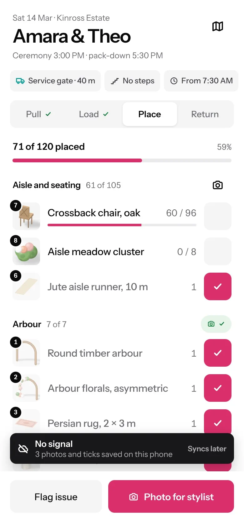 Recorded from the prototype: the crew marks the chairs and the aisle flowers as placed, and the count goes from 71 to 115 of 120 while the phone has no signal
