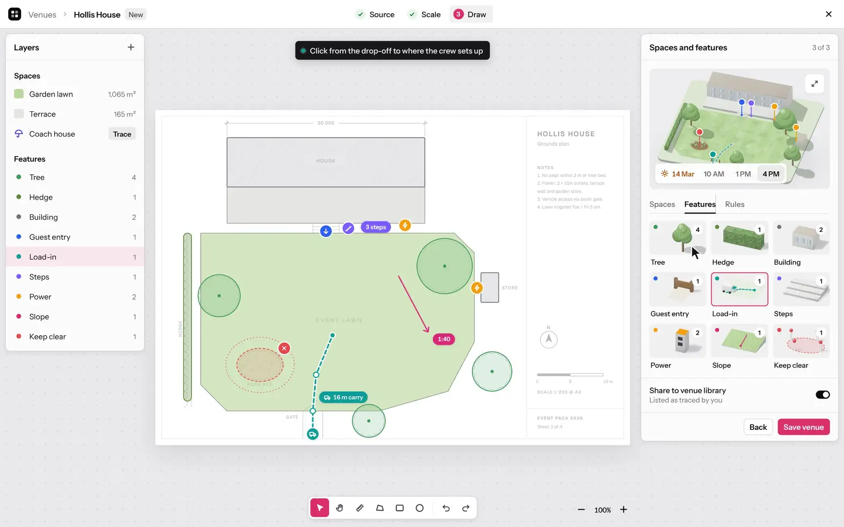 Recorded from the prototype: tracing Hollis House, the stylist opens the venue’s rules, then its spaces with their measurements, then its features