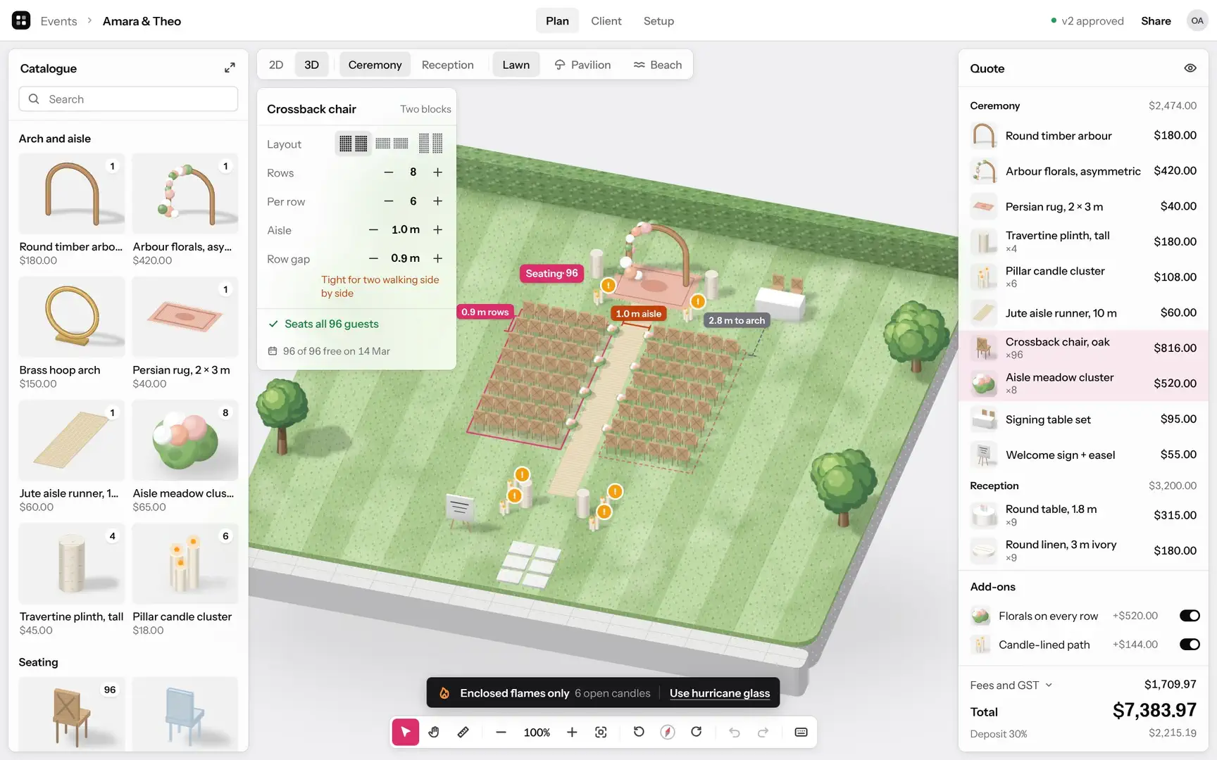 Recorded from the prototype: in the plan editor the stylist switches the chairs from 8 rows of 6 to 6 rows of 8, looks at the plan in 2D, goes back to 3D and back to 8 rows of 6