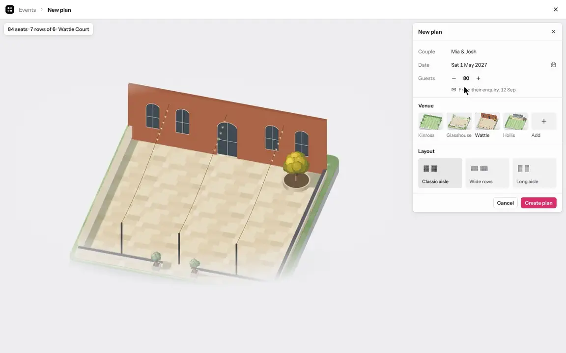 Recorded from the prototype: in a new plan the stylist picks Kinross Estate, The Glasshouse, Hollis House and Wattle Court in turn, and each venue appears in 3D with the seating