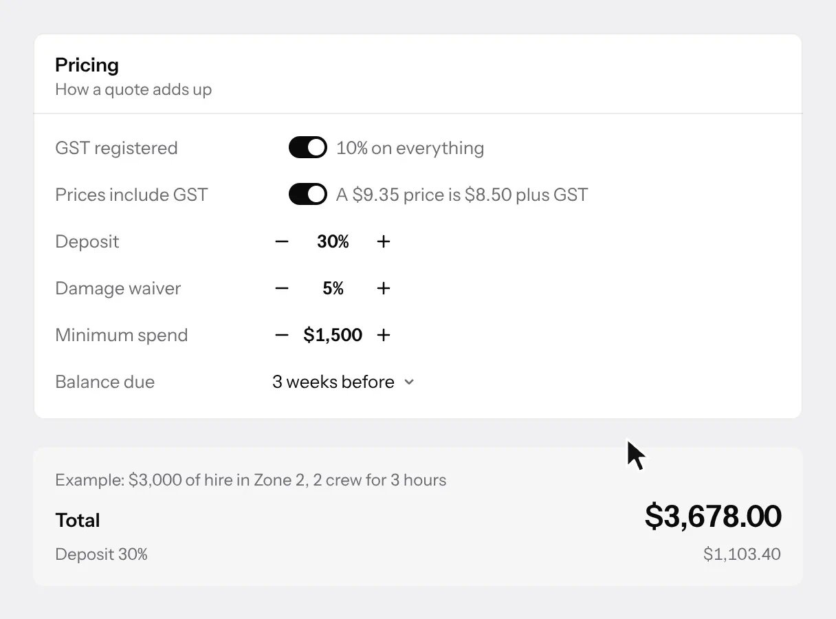 Recorded from the prototype: the deposit goes from 30 to 35 percent and the worked example’s deposit changes; with prices no longer including GST the example total goes from 3,678 to 3,993 dollars