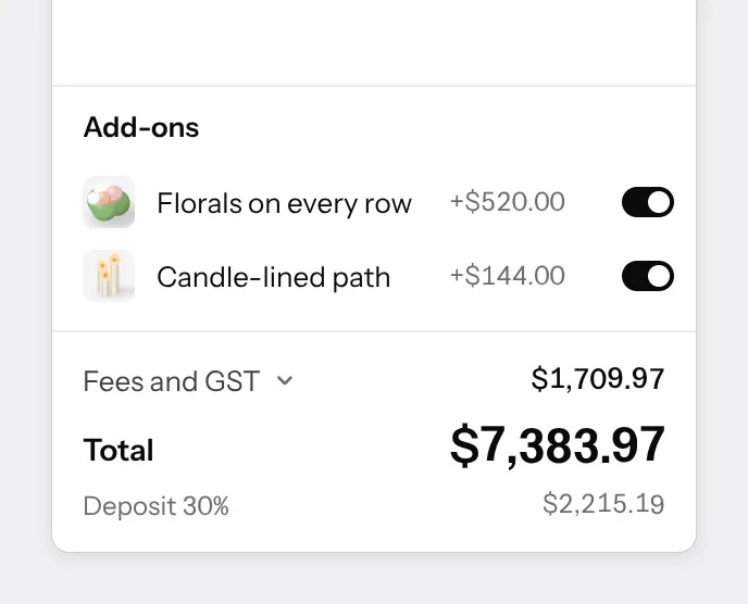 Recorded from the prototype: a row of chairs is added to the plan and the total goes from 7,383.97 to 7,651.93 dollars with the difference since version 2, then the row is taken away again