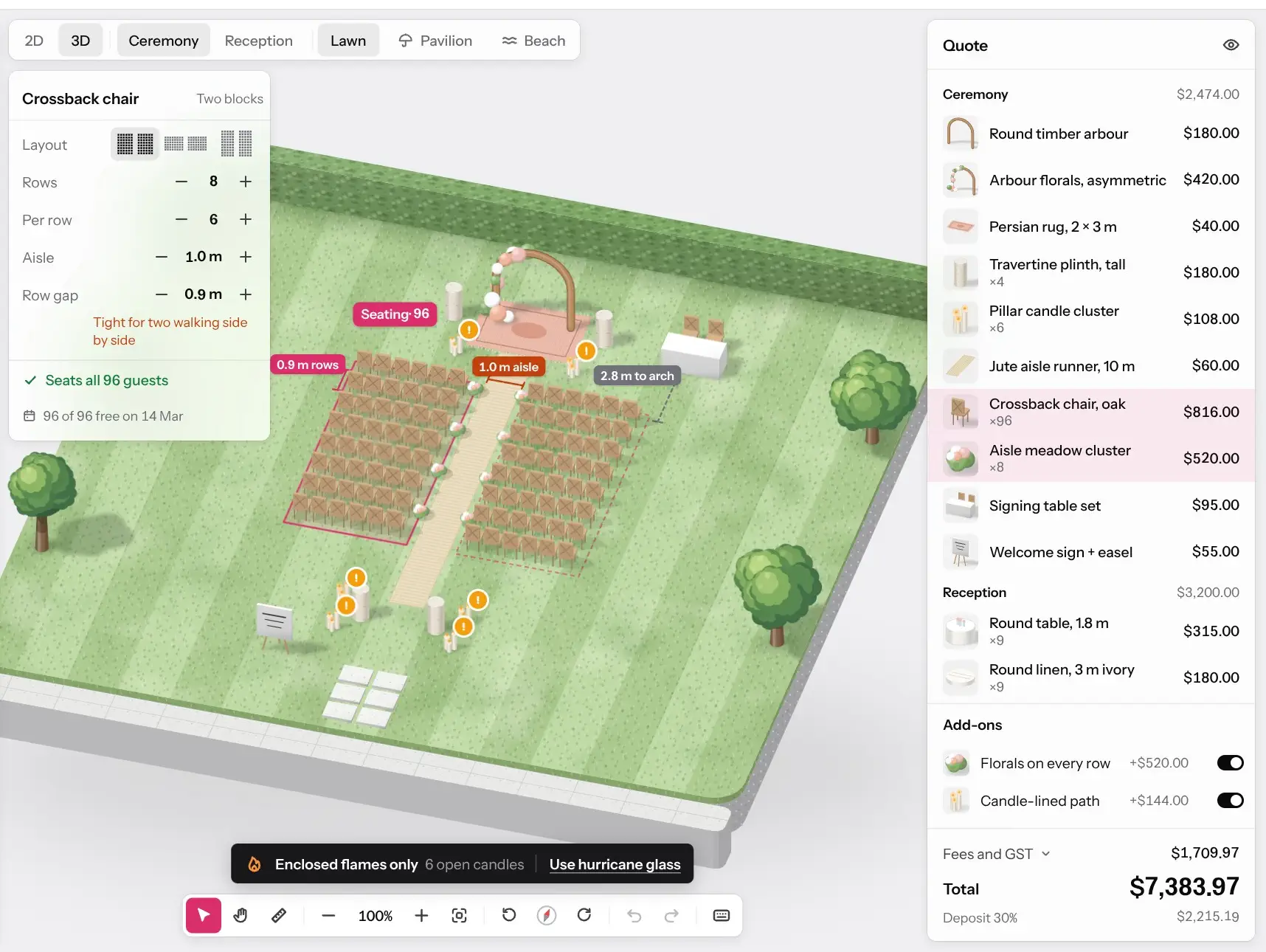 Recorded from the prototype: the editor warns that the venue allows enclosed flames only, the stylist uses hurricane glass, and the quote and the changes since version 2 update