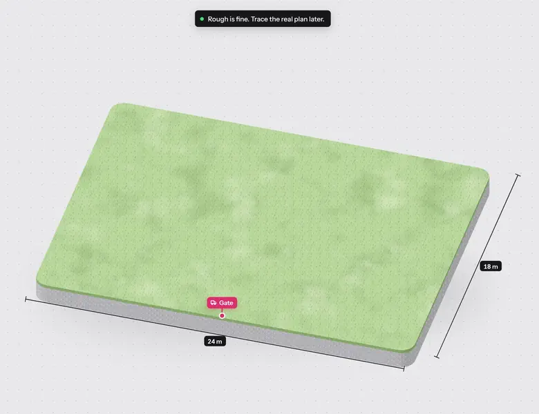 Recorded from the prototype: a sketched venue changes from a rectangle to an L-shape to an oval, then from lawn to paving