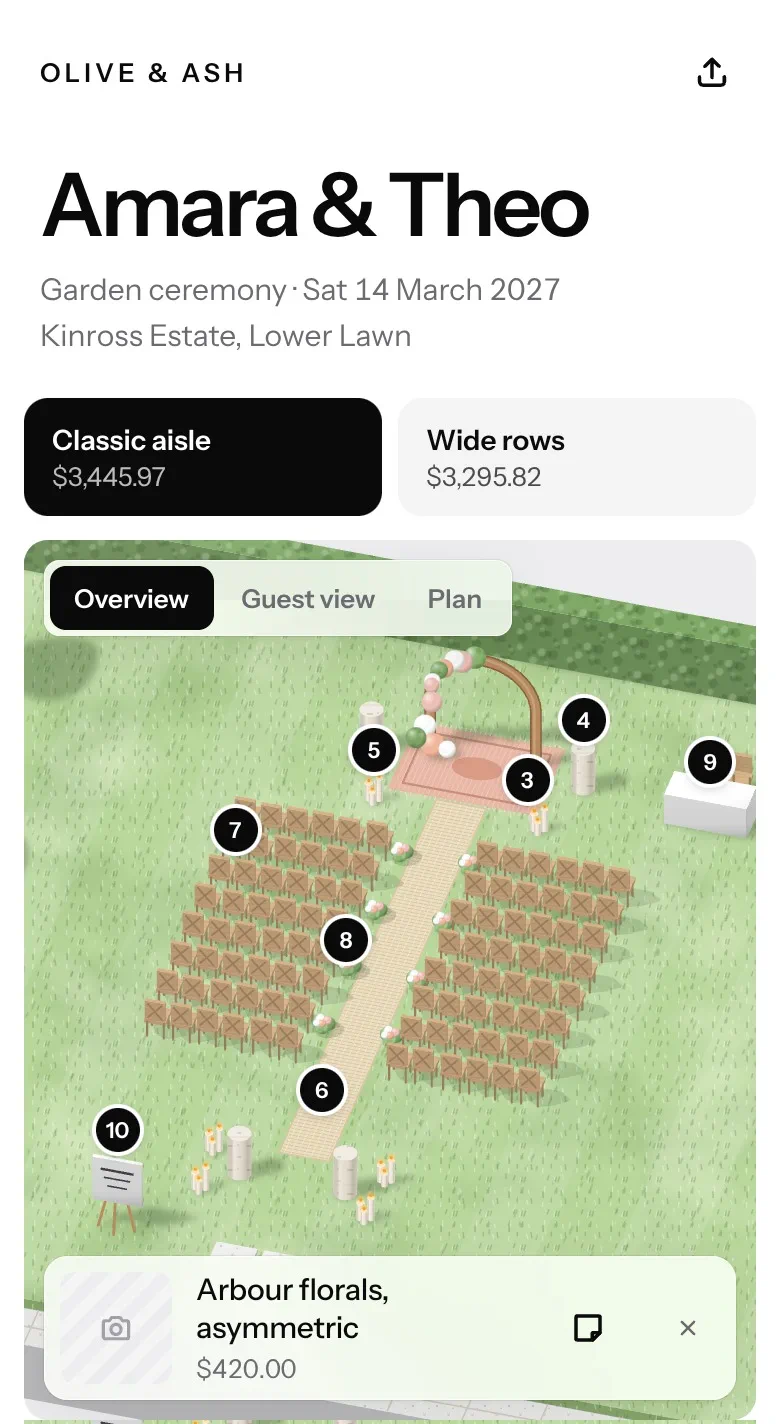 Recorded from the prototype: on the couple’s page the ceremony is shown from above, then at eye level as a guest would see it, then as a plan