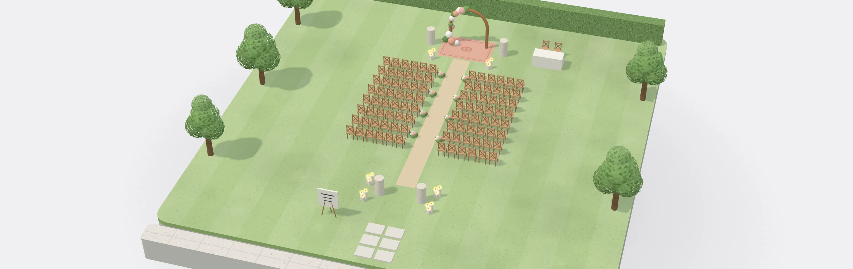 SetPlan’s 3D view of a garden ceremony, with two blocks of chairs, an aisle and an arch