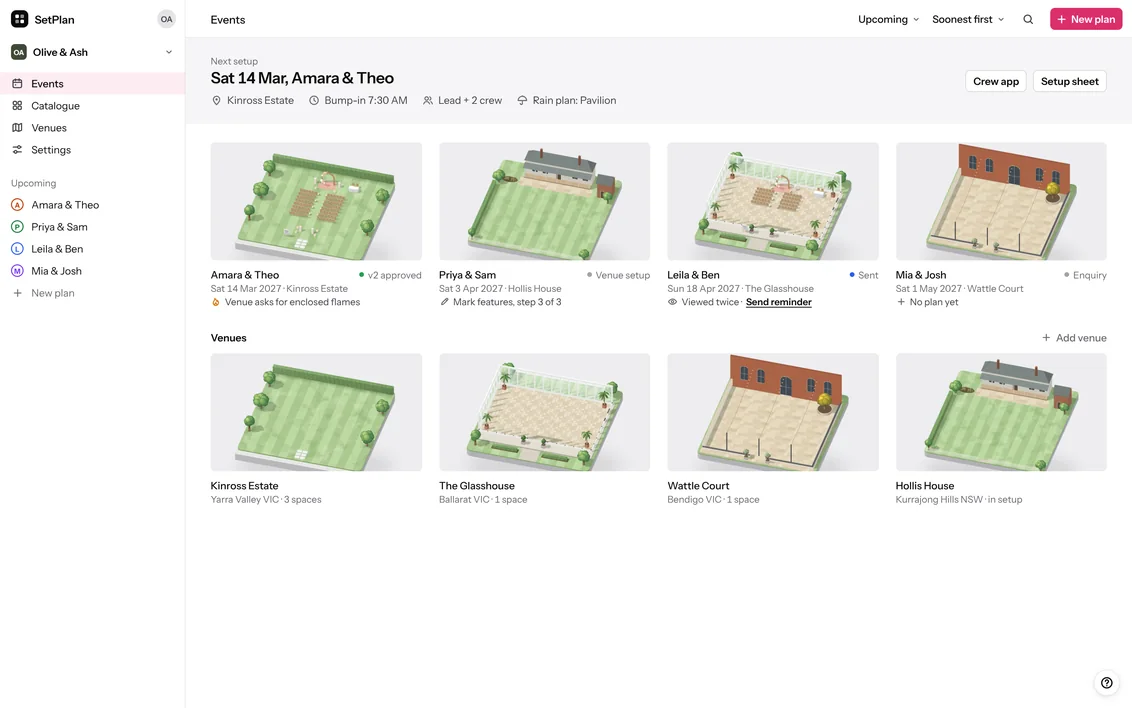 The events screen: four couples, each with a 3D preview of their venue and their next step