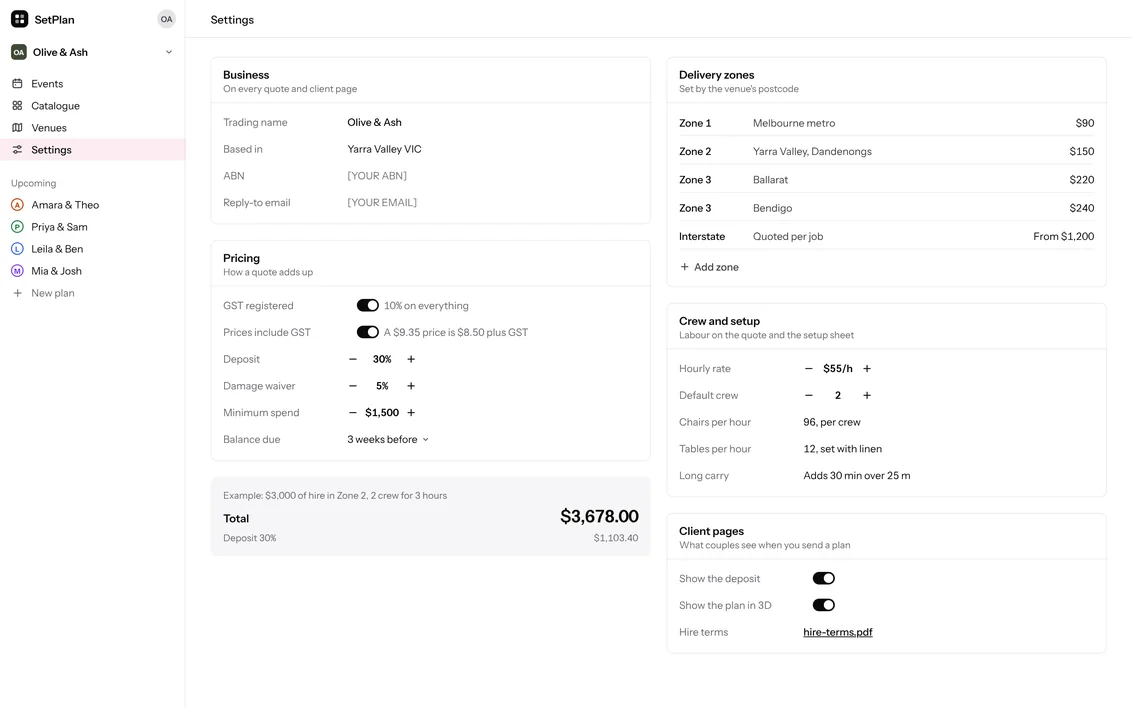 Settings: pricing, delivery zones, crew rates and what the couple’s page shows